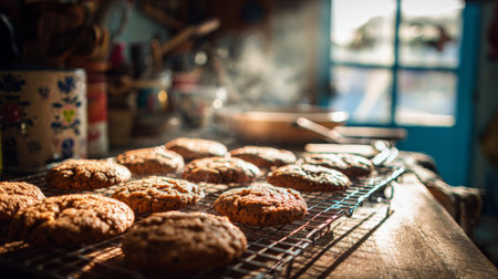 This warm scene captures freshly baked cookies cooling on a rack in a rustic kitchen, with sunlight creating a cozy atmosphere perfect for baking.の素材