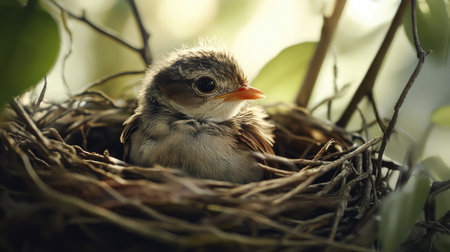 A tender moment captured as a baby bird fluffs its feathers while resting in a nest, showcasing the beauty and delicacy of young wildlifeの素材