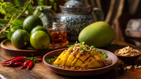 A beautifully arranged tropical fruit platter featuring ripe mango slices drizzled in sauce, garnished with peanuts and fresh herbs, complemented by vibrant green limes and chili.の素材