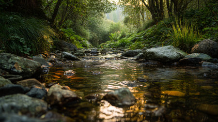 A peaceful stream winds through a lush green forest at sunrise, with warm light reflecting on clear waters and smooth rocks, creating a serene outdoor scene.の素材