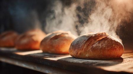 Discover the warm ambiance of a bakery with freshly baked bread. Steam rises gently as artisan loaves create a cozy atmosphere perfect for culinary inspiration.の素材