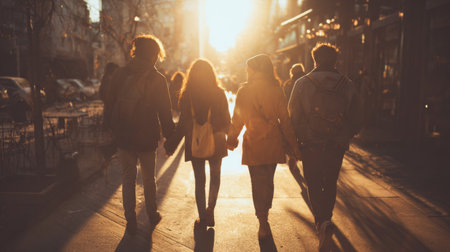 A warm sunset bathes a group of friends strolling down a city street, creating a beautiful scene filled with light, laughter, and the joy of togetherness.の素材