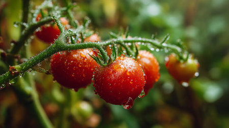 Close-up of ripe red tomatoes growing on a vine, glistening with fresh water droplets in a lush garden. A symbol of healthy eating and vibrant nature.の素材