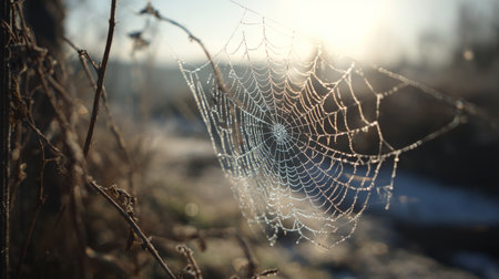 A stunning closeup captures a spider web adorned with morning dew, glistening under soft sunlight in a frosty landscape, evoking tranquility and natural beauty.の素材