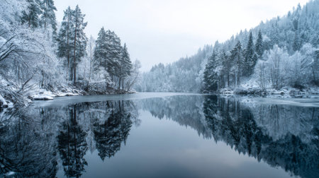 A stunning winter landscape showcasing a calm lake surrounded by snow-draped trees, reflecting the serene beauty of the icy environment and soft overcast sky.の素材