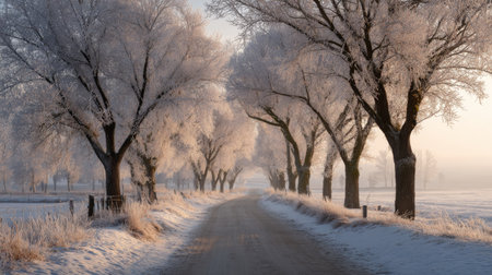 A tranquil winter scene featuring frosted trees lining a quiet rural road. The soft morning light creates a serene atmosphere, perfect for nature lovers.の素材
