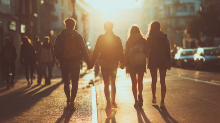 A group of friends walks hand in hand down a city street at sunset, capturing a moment of joy and connection against a warm and vibrant urban backdrop.の素材