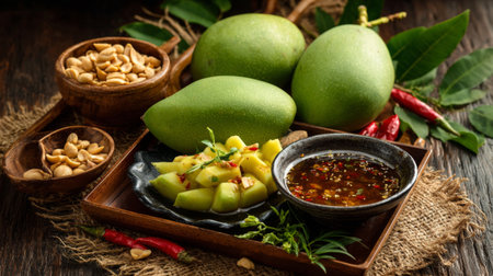 A stunning arrangement of fresh green mangoes with a side of spicy dipping sauce, roasted peanuts, and herbs, perfect for showcasing vibrant culinary delights.の素材