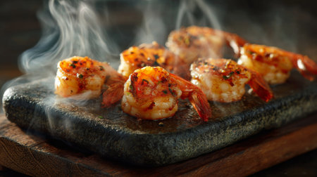 A captivating image of succulent grilled shrimp served on a heated stone, infused with an alluring smoke that enhances the aromatic culinary experience.の素材