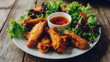 Enjoy a plate of crispy fried chicken wings alongside fresh greens and a flavorful dipping sauce, perfect for a cozy meal or irresistible appetizer.の素材