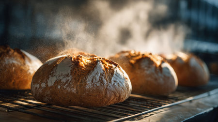 Artisan bread loaves rest on a wire rack, releasing steam in a warm kitchen, showcasing golden crusts and inviting textures that highlight comfort and homemade goodness.の素材