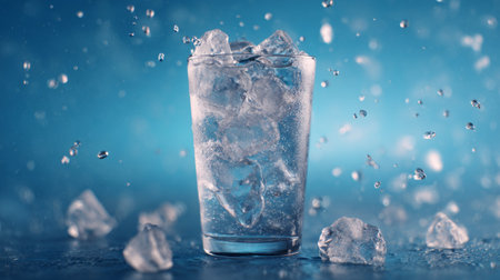 A vibrant, refreshing image of a glass filled with ice cubes, surrounded by splashing water droplets, perfect for conveying cool feelings and summer thirst relief.の素材