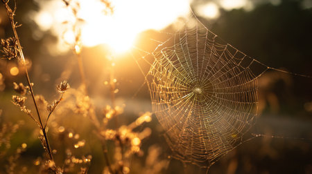 A stunning close-up of a spider web illuminated by soft morning light, showcasing the intricate details and delicate beauty of nature in a tranquil outdoor setting.の素材