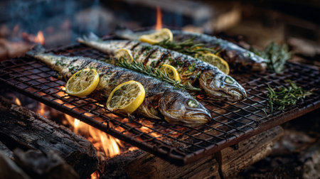 Freshly grilled fish garnished with lemon slices and herbs is displayed on a metal rack over an open flame, showcasing a rustic cooking experience in nature.の素材