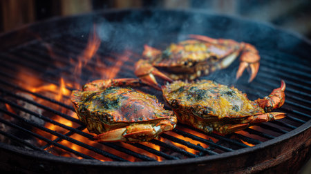 Experience the art of outdoor cooking with these delicious grilled crabs, perfectly charred over an open flame, ideal for summer gatherings and culinary adventures.の素材