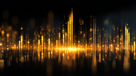 An abstract representation of a golden skyline with glowing bars and shimmering lights against a dark background, ideal for various creative and design projects.の素材