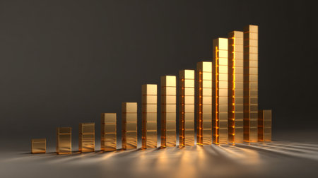 A striking golden bar graph showcasing a progressive trend, ideal for financial and business contexts. The reflection and neutral tones add a modern touch to presentations.の素材