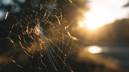 A stunning close-up of a spider web shimmering in the warm sunlight highlights the intricate design against a softly blurred natural background.の素材