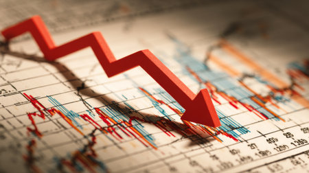 A striking red arrow indicating a trend decline on a financial graph. Colorful data lines and grids illustrate significant market loss and economic downturn.の素材