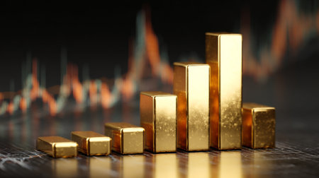 A visually striking representation of golden bars positioned on a financial chart, illustrating growth and investment in a modern economy.の素材
