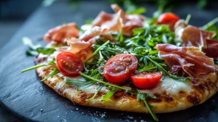 A mouth-watering pizza topped with fresh cherry tomatoes, prosciutto, and arugula, set on a rustic slate board, perfect for gourmet dining or culinary projects.の素材