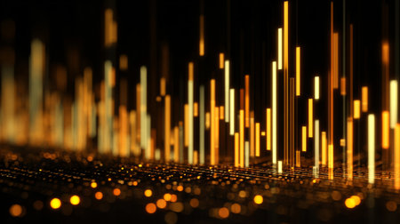 An abstract representation of glowing golden lines and luminous particles creates a stunning visual pattern in a dark space, evoking a sense of energy and movement.の素材