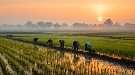 A serene scene depicting farmers manually harvesting rice in a picturesque field at sunrise, showcasing the beauty of agriculture and rural life.の素材