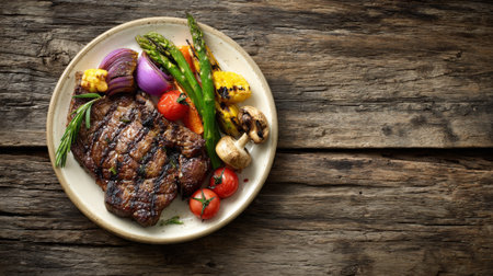 A deliciously grilled steak served alongside an array of colorful vegetables creates a beautiful and appetizing presentation on a rustic wooden table.の素材