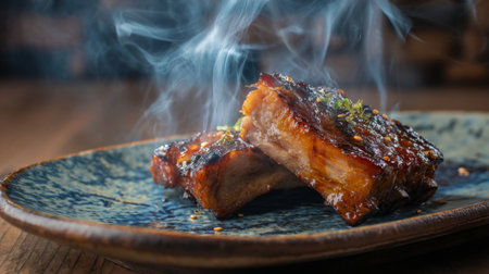 A tantalizing close-up of juicy grilled pork belly with a smoky glaze, served on a rustic plate. The steam adds warmth, enhancing the dish's appeal. Perfect for culinary enthusiasts.の素材