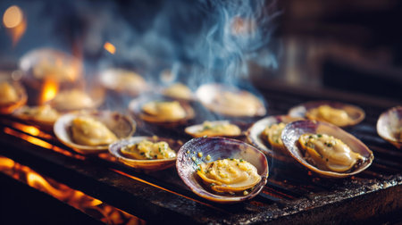 A vivid image showcasing fresh clams grilled to perfection over an open flame, surrounded by smoke, evoking a mouthwatering and gourmet outdoor dining experience.の素材