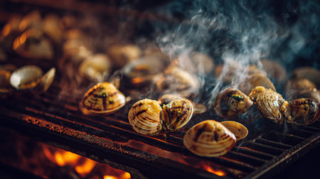 Close-up of grilled clams on a barbecue, showcasing smoke and flames. This image captures the essence of summer cooking and the joy of seafood grilling.の素材