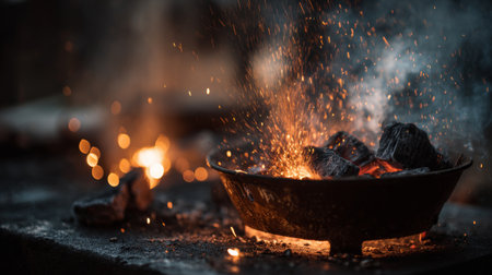 A close-up view of glowing charcoal and sparks, capturing the vibrant essence of fire in a dark environment. Perfect for culinary, outdoor, and adventure-related themes.の素材