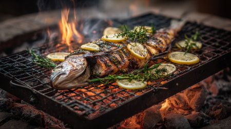 A beautifully grilled fish garnished with lemon slices and fresh herbs, resting on a BBQ grill amidst vibrant flames, showcasing an inviting outdoor culinary experience.の素材