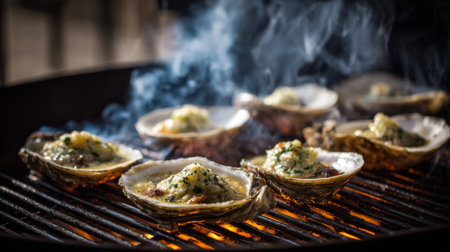 Enjoy the mouthwatering sight of fresh oysters grilling to perfection, infused with smoke and topped with savory goodness, ideal for summer gatherings.の素材