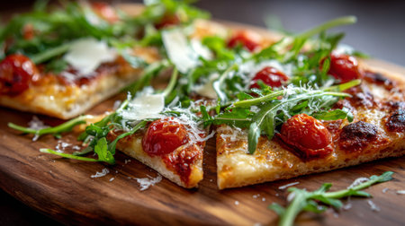 A gourmet pizza featuring roasted tomatoes and arugula garnished with shaved cheese, beautifully presented on a rustic wooden board, perfect for any meal.の素材