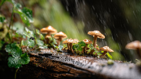 Explore the beauty of nature with this close-up of mushrooms thriving on a damp log. Raindrops enhance the lush greenery, creating a picturesque woodland scene.の素材