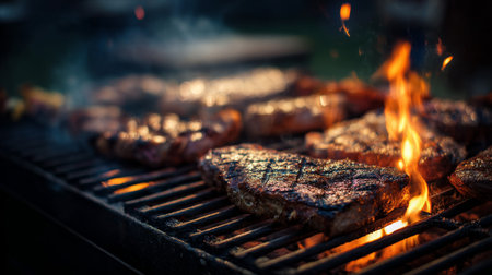 Juicy steaks cook on a grill, surrounded by flames and smoke, creating a mouthwatering experience. Ideal for summer outdoor gatherings or culinary art.の素材