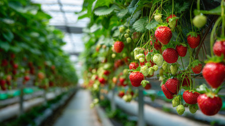 Experience the rich abundance of strawberries growing in a modern greenhouse, showcasing vibrant colors, lush foliage, and advanced farming techniques in a sustainable environment.の素材