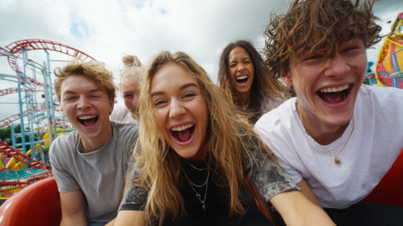 A group of young friends share a moment of pure joy and excitement while enjoying a thrilling amusement park ride, laughing and creating lasting memories under a sunny sky.の素材