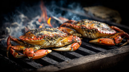 Two crabs grilling over smoky charcoal, releasing a mouthwatering aroma, ideal for a summer barbecue scene. Perfect for food lovers and seafood enthusiasts.の素材