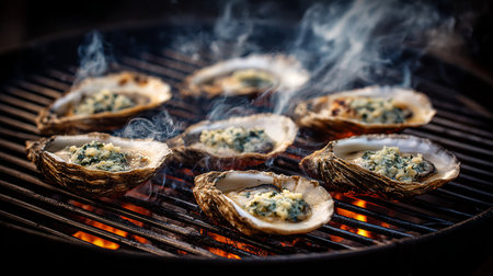 Mouthwatering grilled oysters topped with herb butter, creating an unforgettable sensory experience. Perfect for summer gatherings or special culinary occasions.の素材