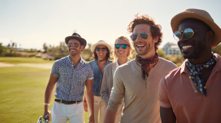 A lively group of friends smiles and walks together on a sunny golf course, embodying joy and camaraderie in stylish summer attire under the bright sky.の素材