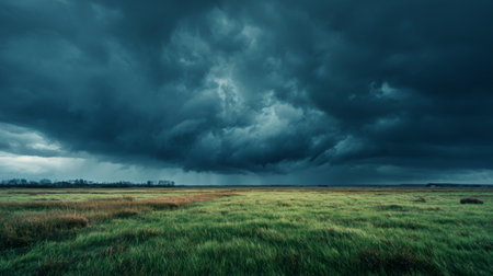 This captivating landscape features dramatic storm clouds looming over vibrant green fields, showcasing the beauty of nature and the power of weather elements in harmony.の素材