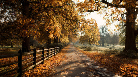 A beautiful autumn scene with a sunlit pathway surrounded by golden trees and fallen leaves, offering a serene escape into nature's vibrant seasonal beauty.の素材