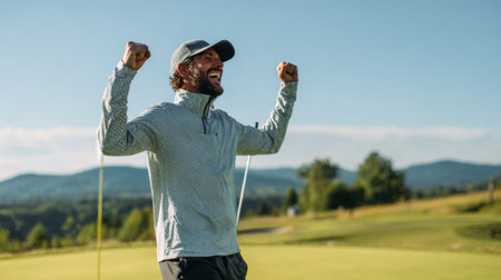 A joyful golfer is celebrating victory on a sunny day. The stunning background features a lush golf course and scenic mountains under a bright blue sky.の素材