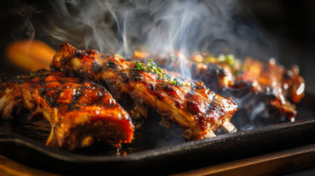 Juicy grilled barbecue ribs glisten with savory sauce, surrounded by aromatic smoke. A mouthwatering dish perfect for summer gatherings and culinary adventures.の素材