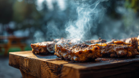 This vibrant image captures succulent grilled meat smoking beautifully on a wooden table in an outdoor setting, enticing viewers with its delicious aroma and visual appeal.の素材