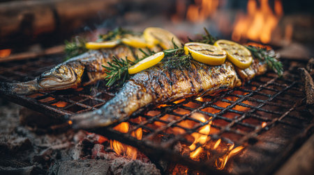 Enjoy the vibrant scene of grilled fish garnished with lemon and fresh herbs, cooking over flames. Perfect for culinary displays and outdoor dining inspirations.の素材