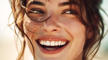This vibrant close-up captures a joyful woman with a beaming smile and natural beauty. Her tousled hair frames her face as she enjoys a sunny day outdoors.の素材