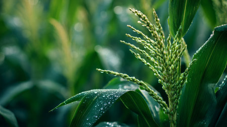 Captivating close-up of a corn plant displaying lush green leaves and dew drops, highlighting nature's beauty and agricultural vitality in the soft morning light.の素材